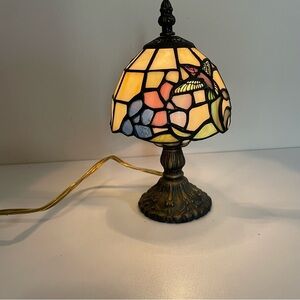 Tiffany Style-Stained Glass Table Lamp Hummingbirds Metal Flower Base